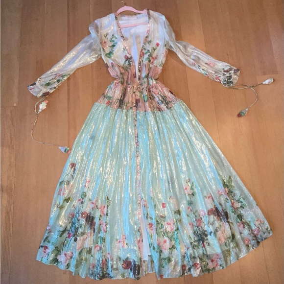 rococo sand pink and blue dress sparkly white pink and blue dress with floral pattern from Rococo Sand